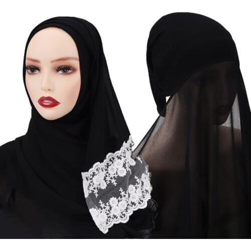 Luxury Pin Free Instant Lace Chiffon Hijab Islam Inner Bonnet Scarf Headband Muslim Arab Wrap Solid Color Shawls
