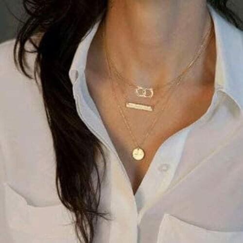 Punk Simple 18Kc Gold/Silver Plate Inter-locking Circle Geometric Bar Chain Hammer Coin Disc Pendant Layering Necklace for Women