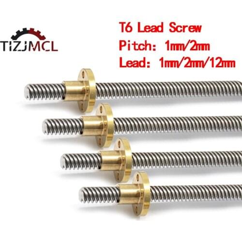 T6 Lead Screw Pitch 1mm/2mm Lead 1mm/2mm/12mm OD6mm,100mm~ 1000mm Brass Lead Screw Nut For CNC Parts 3D Printer Accessories