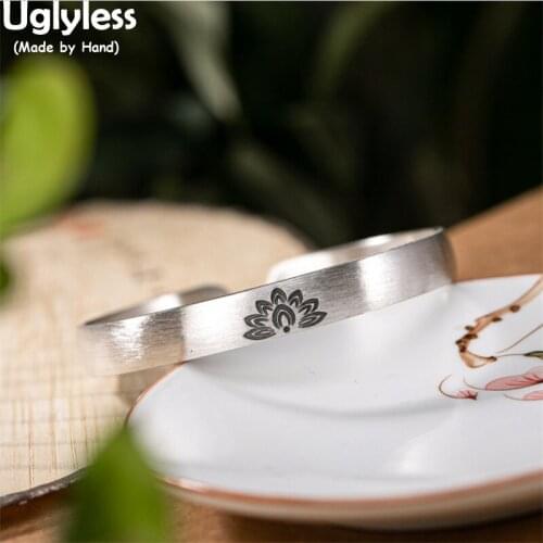 Uglyless Thai Silver Blooming Lotus Bangles for Women 100% Genuine 999 Full Silver Bangles 8MM Wide Elegant Dress Jewelry Lotus