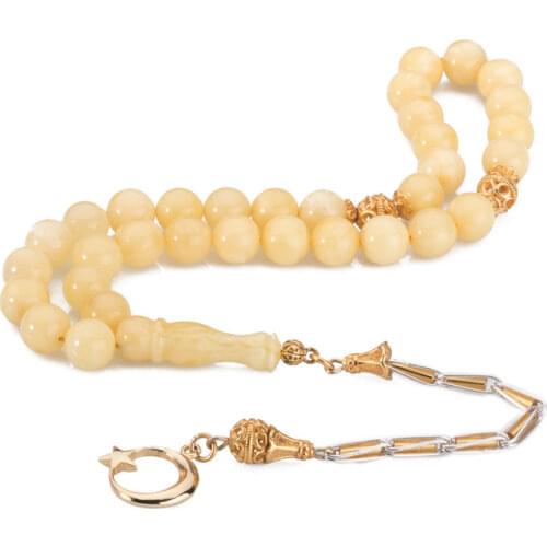 Honey Colored Amber Gemstone Prayer Rosary Men Drop Cut Rosary With Silver Tassel Islamic Tasbih With Moon Star Style Tassel