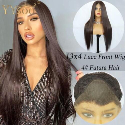 YYsoo13x4 Long Silky Straight 4# Color Futura Synthetic Lace Front Wigs For Black Women Brown Black Glueless Synthetic Lace Wig