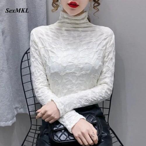 Women Turtleneck Basic Lace Blouses 2021 Spring Fashion Long Sleeve Casual White Blusas Korean Clothing Slim Black Camisas Mujer