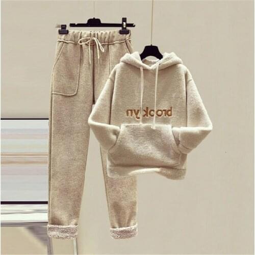 Women Soft Plush Hoodies + Sweatpants Girls Letter Pocket Warm 2pcs Thick Pullover High Quality Brand Clothing Set