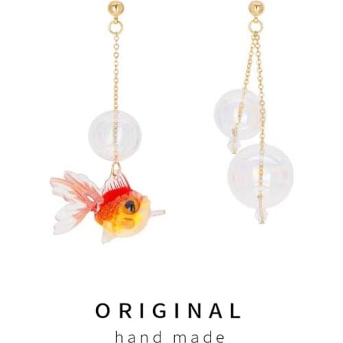 Original Fresh Golden Fish And Bubbles Dangle Earrings For Women 2021 Cute Handmade Blown Glass Ball Korean Drop Earrings Bijoux