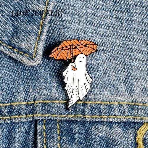 QIHE JEWELRY Halloween Pins Ghost Umbrella Enamel Pins Cartoon Funny Brooches Badges Denim Clothes Bag Pins Gift for Friends