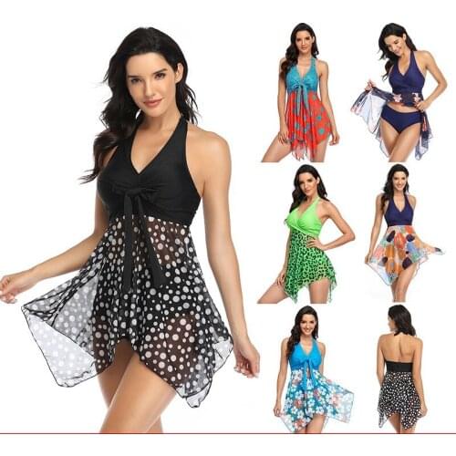 Mesh Skirt Split Bikini Womens Swimsuit