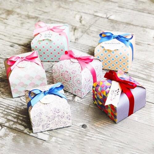 10Pcs Paper Box for Party Baby Shower Wedding Birthday Candy Chocolate Gift Boxes Cookie Biscuits Packing Thank you Ribbon