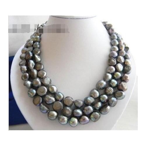 3Strands 18'' 12MM Baroque Gray Freshwater Pearl Necklace