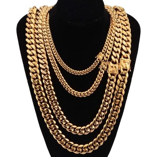 8mm/10mm/12mm/14mm/18mm 316L Stainless Steel Jewelry High Polished Miami Cuban Link Necklace Men Punk Curb Chain Butterfly Clasp