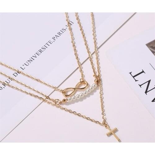 Fashion Cross and Infinity Pendant Statement Clavicle Pearl Chain Layered Necklace Trend Collar Jewelry Accessories