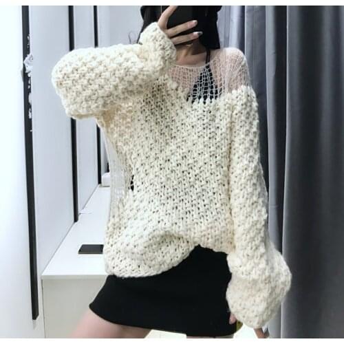 European Autumn Winter New All-match Knitted Loose and Thin Long-sleeved Hollow Strapless Pullover Sweaterswomen Fashion 2021