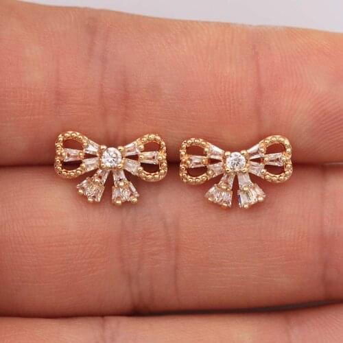 Trendy Bowknot Gold Plated Copper Stud Earrings White Zirconia For Women Fashion Jewelry Accessories Wedding Anniversary Gifti
