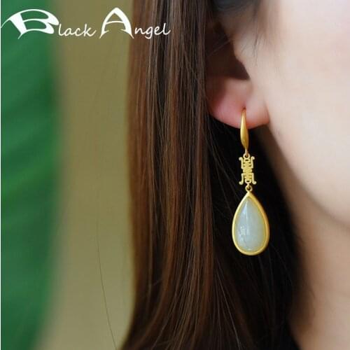BLACK ANGEL Fashion Water Drop Shaped Gold White Jade Emerald Hook Earrings 2020 New For Women Wedding Jewelry Christmas Gift