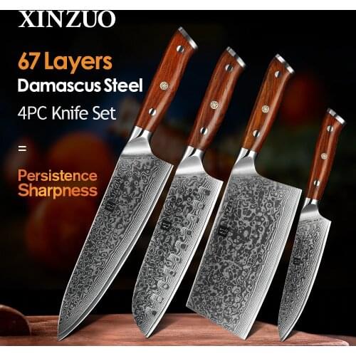 XINZUO 4PCS Kitchen Knife Set VG10 Damascus Steel Big Cleaver Chef Knives Stainless Steel Santoku Butcher Knife Rosewood Handle