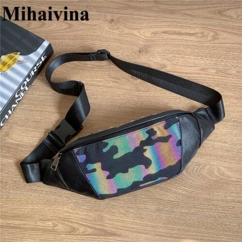 Mihaivina Men Chest Bag Fanny Pack Hip Hop Reflective Shoulder Bags Women Outdoor Sport Waist Bag PU Leather Crossbody Bags