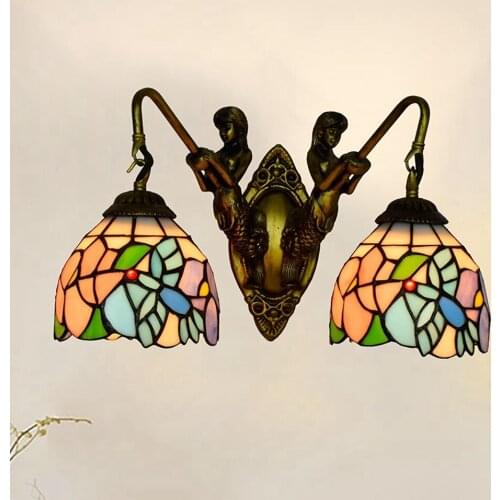 European-Style Mermaid Corridor Double-Headed Wall Lamp American Pastoral Bird Tiffany Colorful Glass Restaurant Glass Lamp