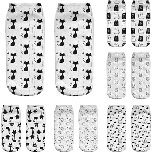 New Women Fashion 3D Printed Cotton Short Socks Cute Cartoon Kitten Printing Harajuku Children Summer White Low Ankle Soft Socks