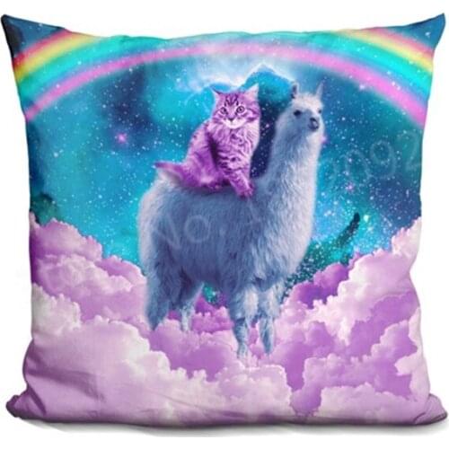Novelty Galaxy Cat Riding Llama Rainbow Throw Pillow Case Cute Fancy Kitten Llama Colorful Cushion Cover Kids Animal Gifts 18"