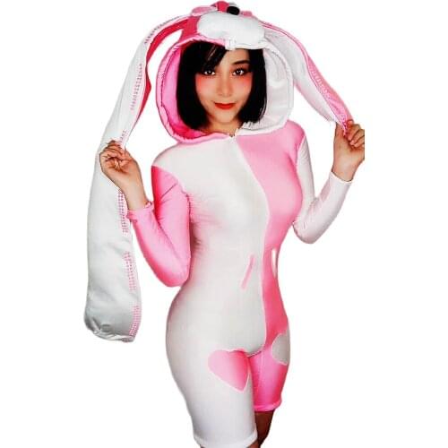 Role-Playling Pink Angela Long Sleeve Jumpsuits Asymmetrical Tight Elastic Hooded Bodysuits Evening Prom Outfit Dance Stage Wear