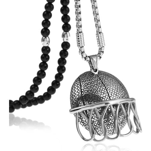 American Football Helmet Stainless Steel Sports Pendant Necklace with Black Natural Stone Chain 26"