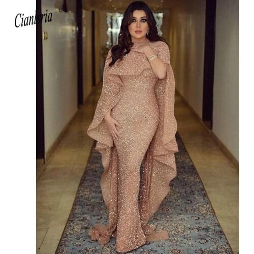Sparkly Gold Sequined Dubai Saudi Long Mermaid Evening Dress With Cape Illusion O-Neck Arabic Formal Evening Party Dresses