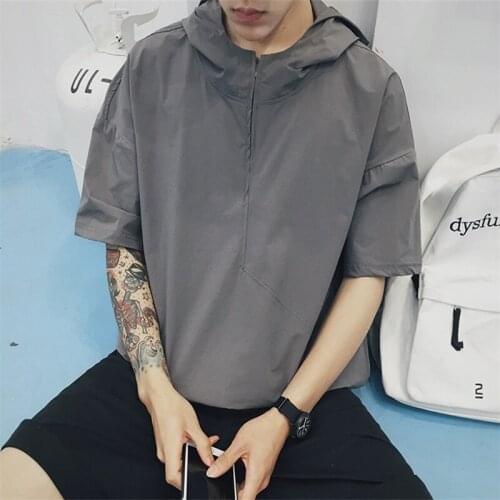 Ins HOT Mens Short Sleeve Hoodie Sweatshirt Casual Solid Hooded Shirt Summer Outwear C5