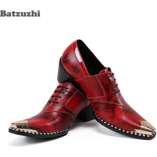 Batzuzhi 6.5cm High Heels Fashion Genuine Leather Dress Shoes Men Pointed Toe Red Party and Wedding Shoes Men Business, 38-46