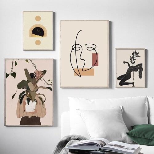 The Abstract Line Woman Face Oil Painting Wall Decor Feature and Leaves Canvas Painting Art Print Art for Home Decor