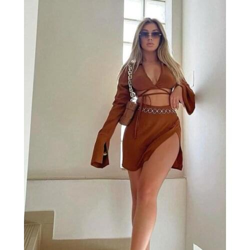 Autumn New Sexy Womens Beachwear Dress Sets Solid Color Lace Up Crop Top T-shirts+ Mini Skirts Fashion Ladies V-neck Dress Set