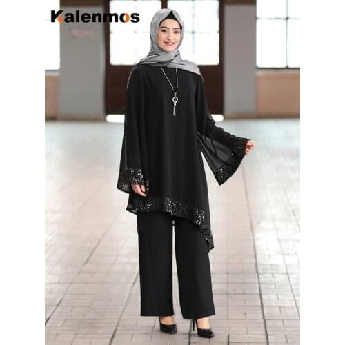 KALENMOS Ramadan Dubai Abaya Women 2 Piece Set Muslim Hijab Topsand Wide Leg Pants UAE Turky Suits Islamic Clothes Kaftan Robe