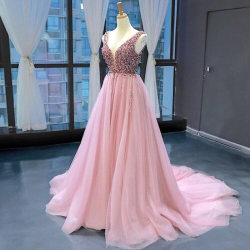 V Neck Beading Prom Dress Back Lace Up Prom Dress With Slit Evening Gown 2021 Long Prom Dress Robe De Soiree 2021 Party