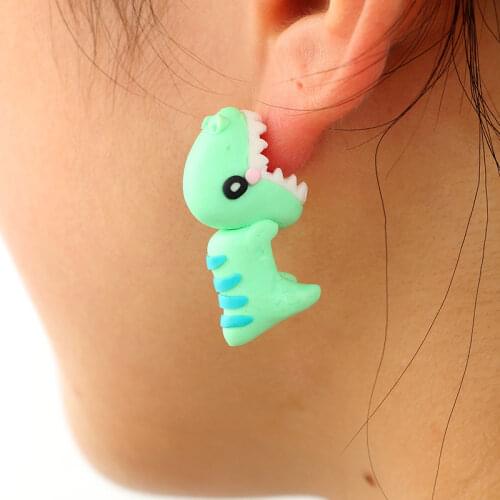 1 Pair Soft Pottery Earrings Tyrannosaurus Animal Earrings Green Fine Jewelry Couple Models Female for Women Child Girls Gift