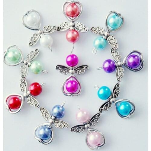 10pcs Colored Pearl Angel Wings Charm heart Polymer Clay Beaded Charms For DIY Pendant Necklace Bracelet Jewelry Making Craft
