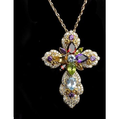 2021 Ltalian CraftsmanShip Multi-stone Pendant Cross s925 Silver Real Gold Plated Vintage Necklace Crystal Pendant for Woman