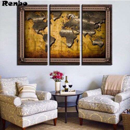 5D DIY Diamond Painting world map Diamond EmbroideryTriptych Full Square diamond Mosaic 3Pcs Cross-Stitch kits home decor A134