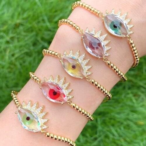 5Pcs,Multicolors Best Fancy Colorful Eyes Beads Crystal Zircon Paved Turkey Bracelet For Women Jewelry