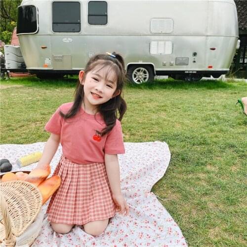 Girl Child Set 2021 New Summer Check Sweet and Simple Cotton Kids Korean Fashion Two Piece Set
