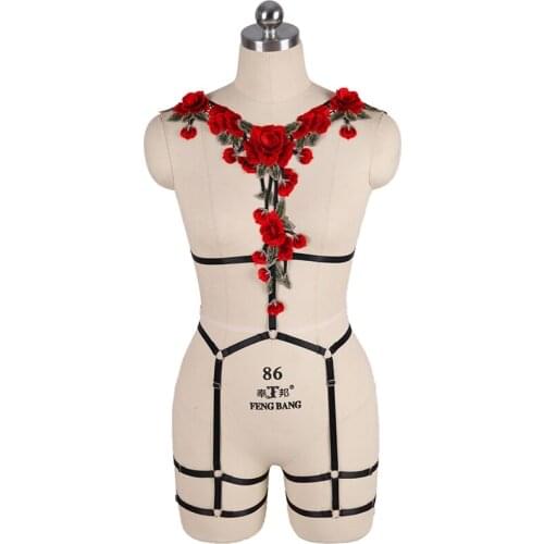 Fetish Rose Flower Women Hollow Harness Sets Gothic Sexy Body Bondage Stocking Strap Chest Restraint Suspenders Erotic Lingerie