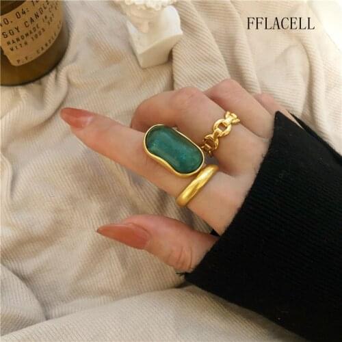 FFLACELL 2020 Vintage Geometric Irregular Natural Green Stone Metal Open Ring Women Party Gift