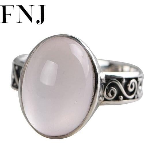 FNJ 925 Silver Ring 100% Original Pure S925 Sterling Thai Silver Rings for Women Jewelry USA Size 5-8 Rose Quartz Stone