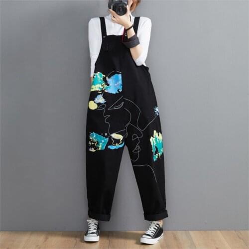 Thick Romper Overalls Fashion Streetwear Abstract Printed Women Jeans Denim Jumpsuits Long Pants Pockets Autumn Winter Losse