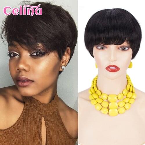 Short Human Hair Wigs Pixie Cut Straight Bob Wig Full Machine Made Brazilian Cheap Human Hair Wig For Women Can Be Permed & Dyed