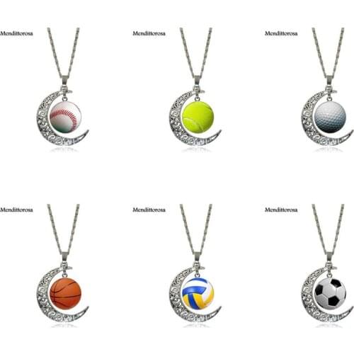 Mendittorosa Football Silver Color Glass Cabochon With Hollow Out Moon Shaped Pendant Choker Necklace For Women Party