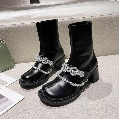 Fashion Modern Boots 2021 Women Round Toe String Bead Shoes Female Spring Autumn British Style Zipper Shoes Ladies Short Boots