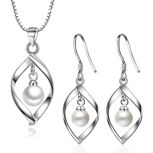 Fashion OL Style Water Drop Twist Pearl Pendants Necklace & Earrings Jewelry Set Wedding Party Gifts for Women