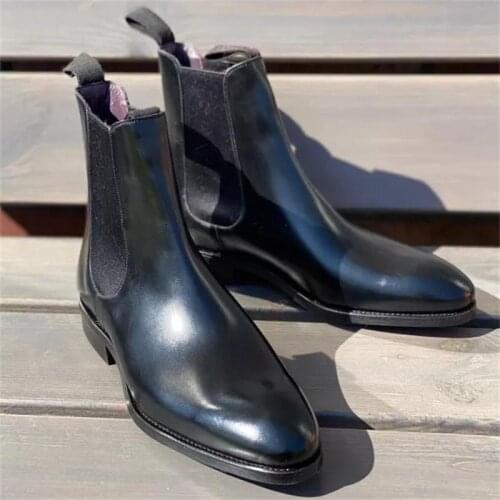 2021 New Men Fashion Dress Shoes Handmade Black PU Classic High-end Round Toe Low-heel Business Casual Chelsea Boots 6KF482