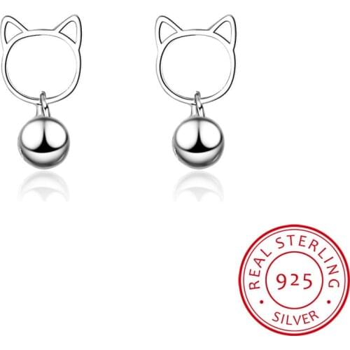 New Cute Fashion 925 Sterling Silver Cat Jingling Bell Earrings For Women Christmas Gift S-E674
