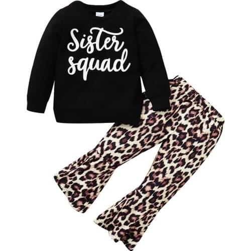 2021 Autumn Kids Baby Girl Long Sleeve Letter Print Pullover Tops Leoaprd Flared Pant 2PCS Girls Clothing Set