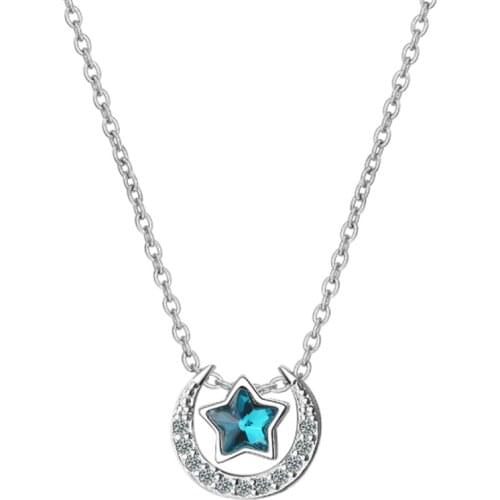 Contracted individual character temperament originality student style blue star moon female silver plated necklaces SE076